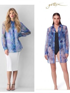 Gottex Floral Sheer Mesh Button L Down Shirt Blouse Cover Up Relaxed Fit Blue